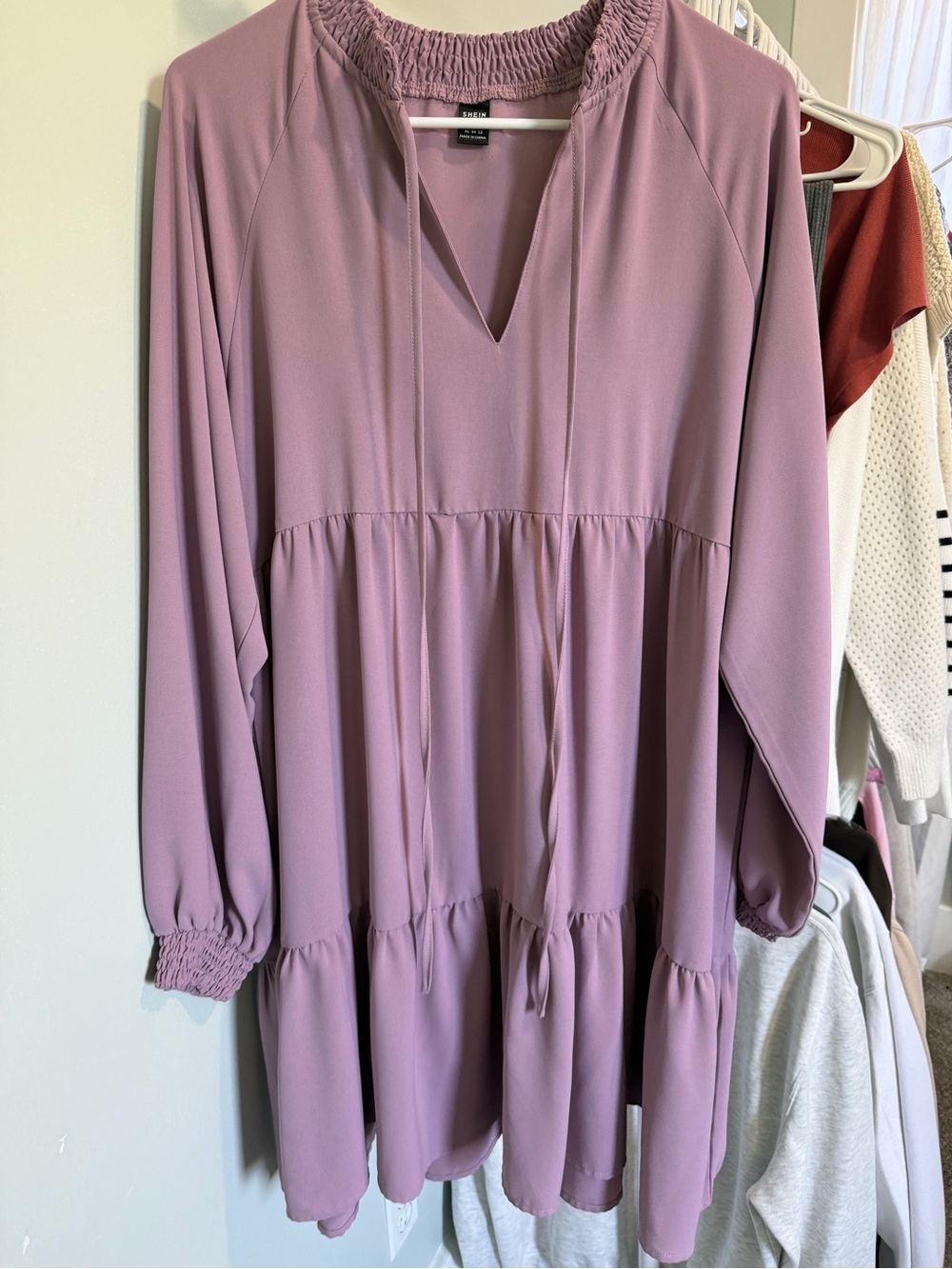 SHEIN Mauve Smocked-Neck Babydoll Tunic